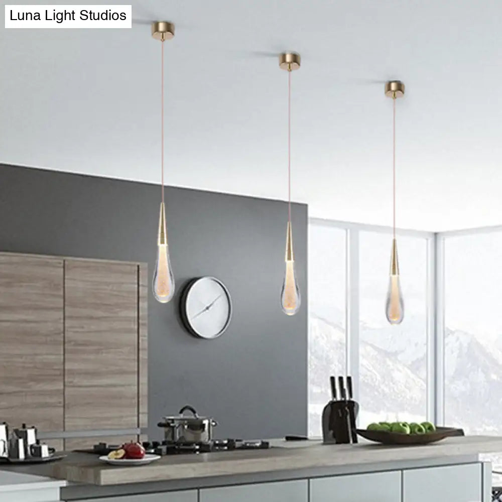 Gold LED Pendant Light: Clear Crystal Glass Waterdrop Suspension Lamp for Dining Room Décor