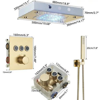 Gold finished modern bathroom system with rainfall waterfall head bathtub mixer tap and wall-mounted controls