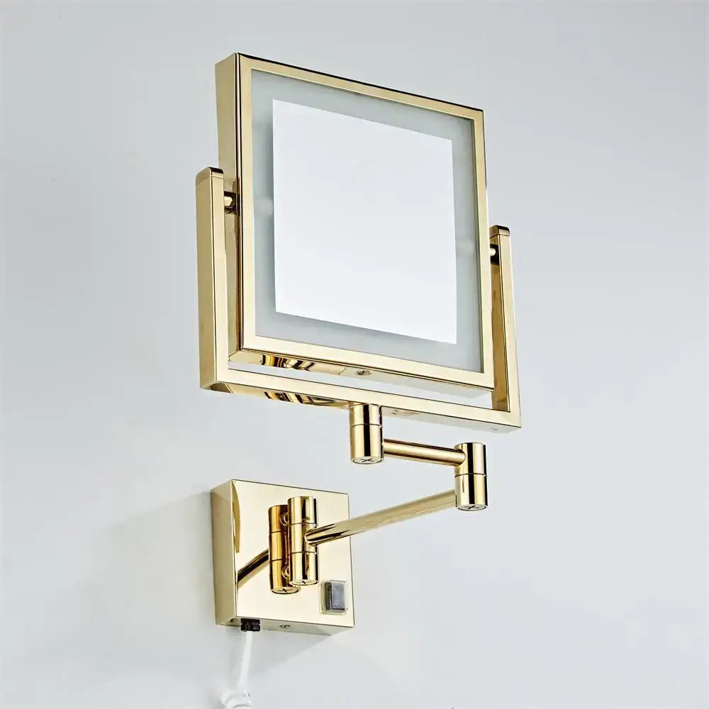 Gold led wall mounted folding square makeup mirror with 3x magnifying and adjustable arms for decorbites gold led lighting