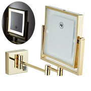 Gold led wall mounted folding square makeup mirror with 3x magnifying and adjustable arms by decorbites gold led