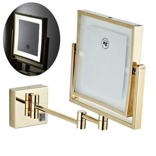 Gold led wall mounted folding square makeup mirror with 3x magnifying and adjustable arms by decorbites gold led