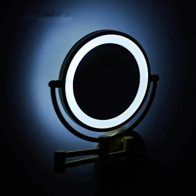 Circular black framed makeup mirror with bright white led ring light on adjustable stand decorbites led wall mounted model