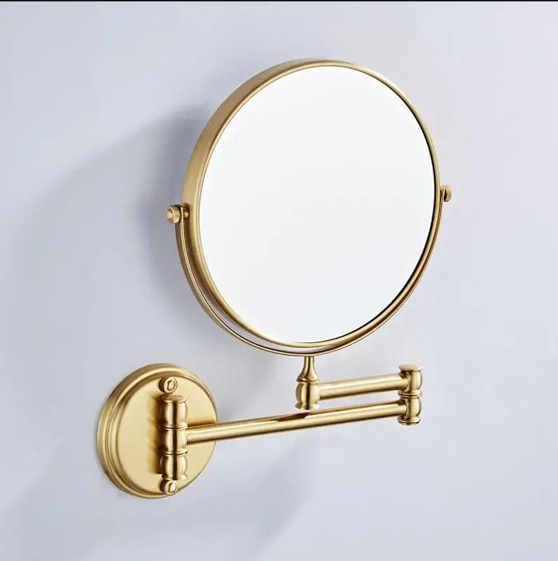 Gold finished led wall mounted makeup mirror with circular frame and extendable arm for decorbites led wall use