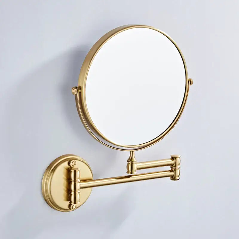 Gold led wall mounted makeup mirror with circular gold finish and telescoping arm for bedroom decorbites led wall use