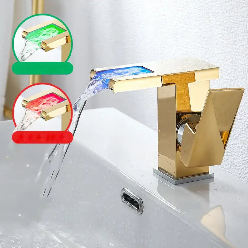 Gold led waterfall basin faucet with sleek modern design and color-changing led lighting for bathroom decorbites led waterfall