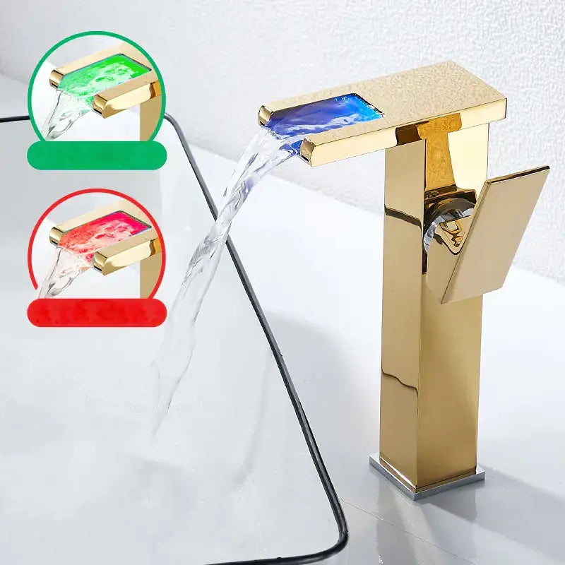 Gold led waterfall basin faucet with blue illuminated panel and rectangular spout by decorbites led waterfall tap