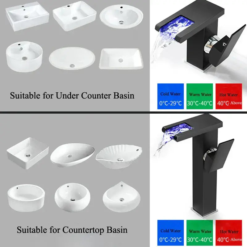 Black modern basin faucet with decorbites led waterfall and color-coded temperature indicators for bathroom use