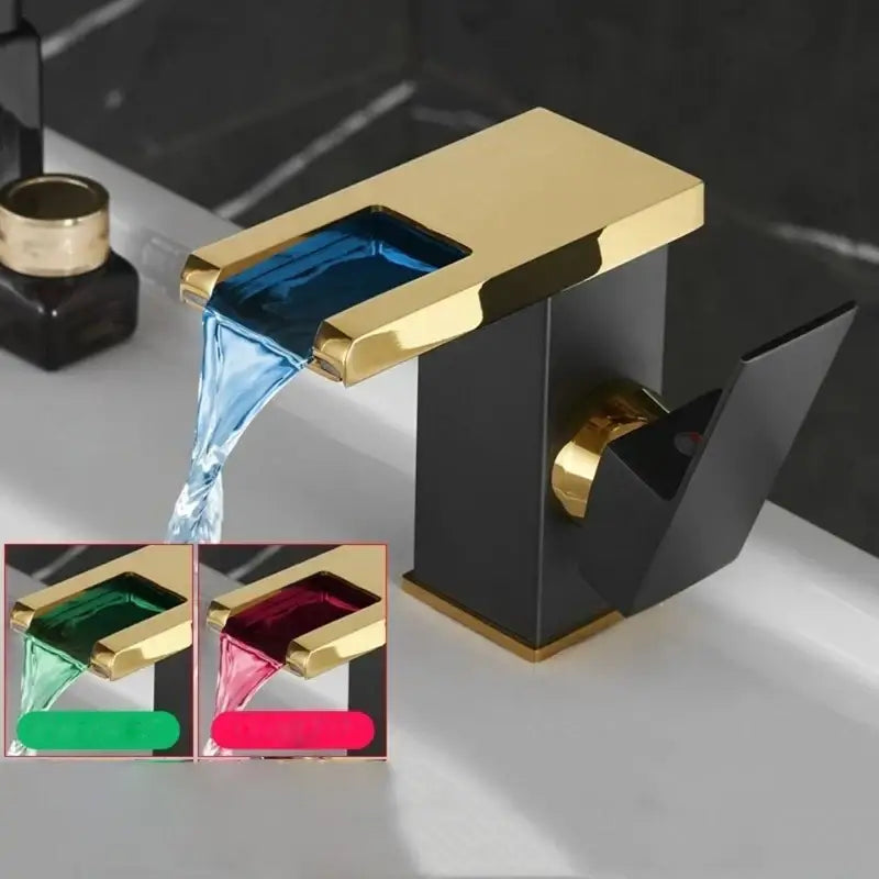 Gold and black led waterfall basin faucet with blue water flow for bathroom temperature color decorbites led waterfall tap