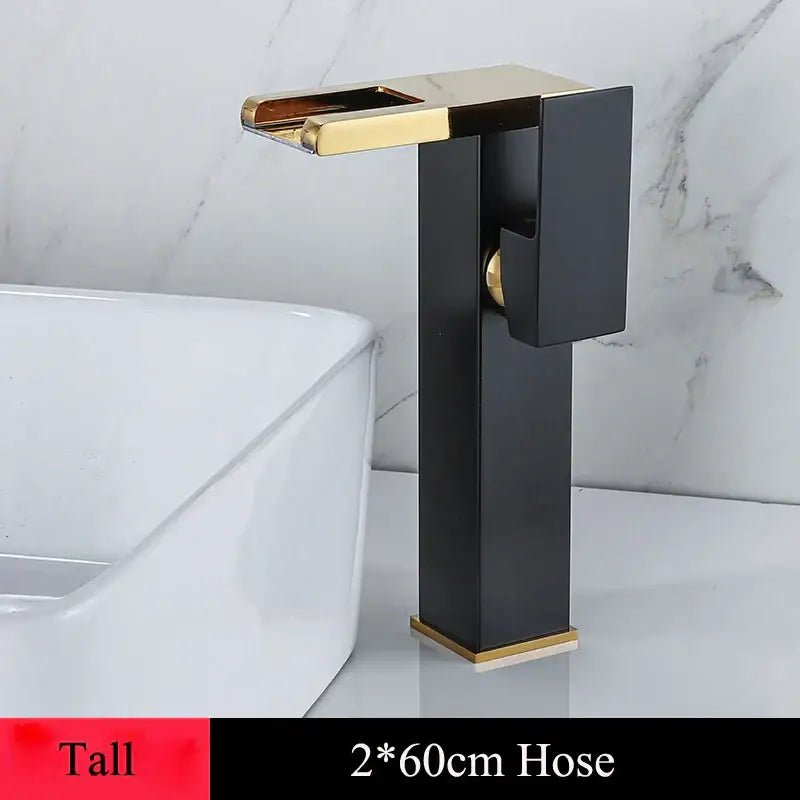 Black and gold modern led waterfall basin faucet with sleek rectangular design for bathroom decorbites led waterfall tap