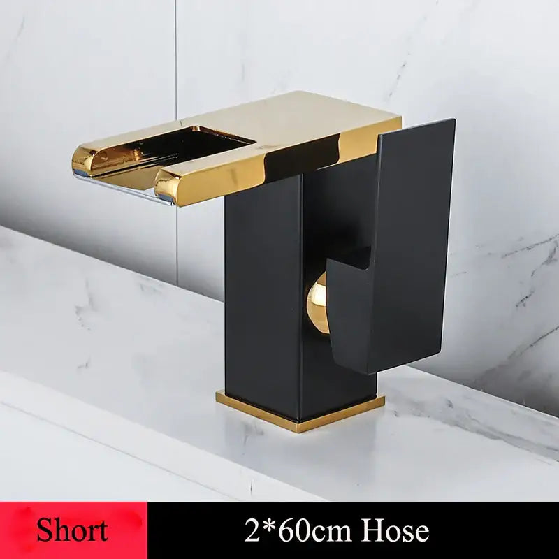 Modern black and gold decorbites led waterfall basin faucet with sleek rectangular design and temperature color tap features