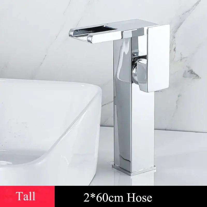 Modern chrome-finished led waterfall basin faucet with sleek rectangular design and two 60cm hoses for decorbites led waterfall