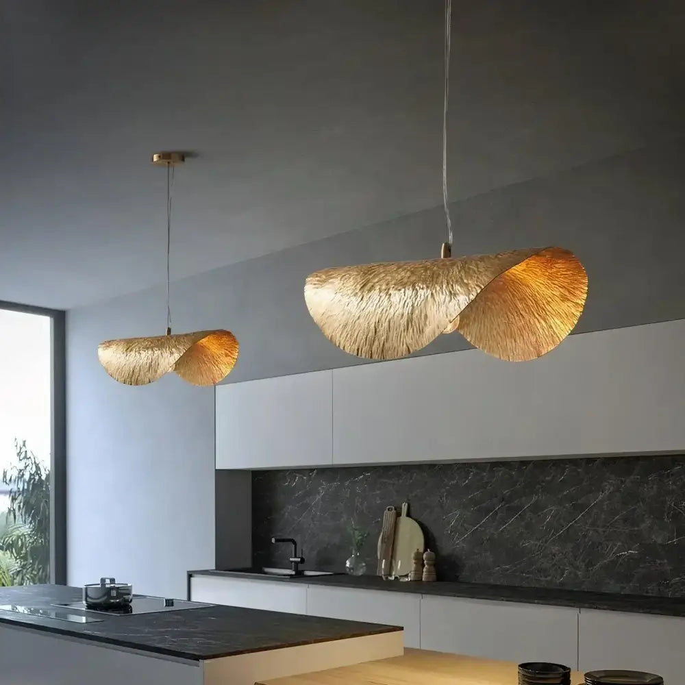 Gold lotus leaf led chandelier featuring golden textured woven pendant lights for living room dining kitchen island decorbites gold lotus