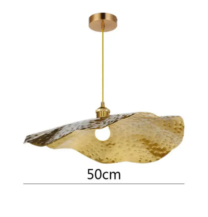 Gold lotus leaf pendant light in hammered metal with organic shape and central bulb for living room decorbites decor