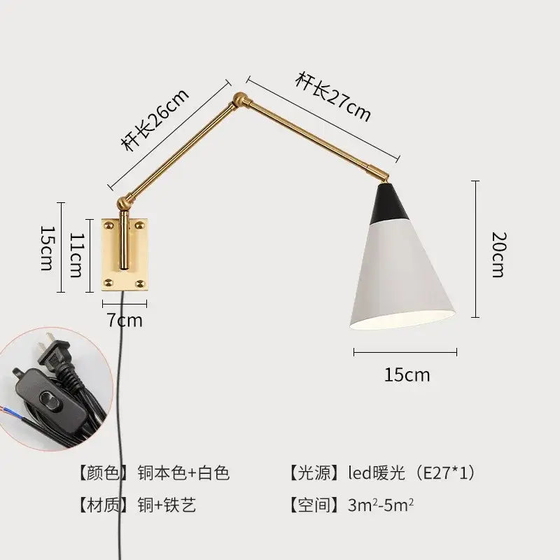 A sleek decorbites gold lustre brass swing arm wall lamp with white conical shade and led bulb for bedroom decor