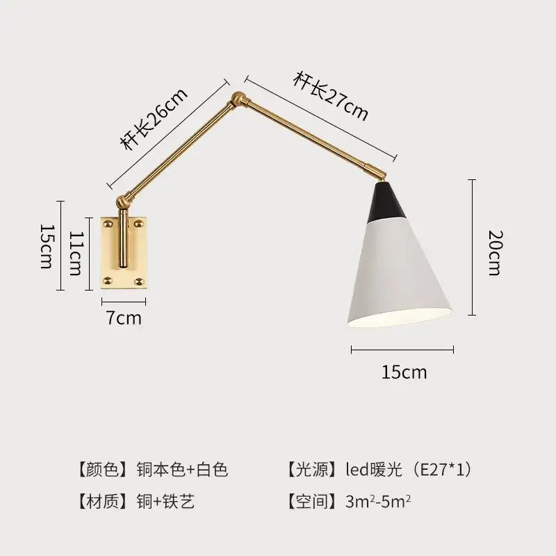 Gold lustre brass swing arm wall lamp with white shade in copper and iron alloy for bedroom decorbites wall lamp