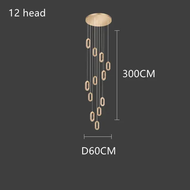 A modern 12-head pendant chandelier with brushed gold lustre oval acrylic fixtures from decorbites gold lustre collection
