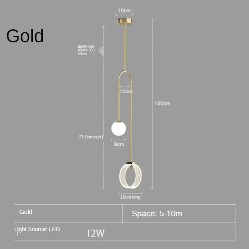 Gold luxury led pendant light by decorbites featuring two glass spheres and rings with a sleek modern design