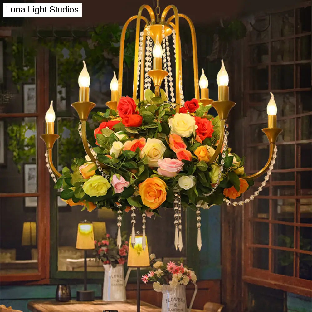 Gold Metal 9-Bulb Chandelier with Rose Decor - Perfect for Restaurant Lighting