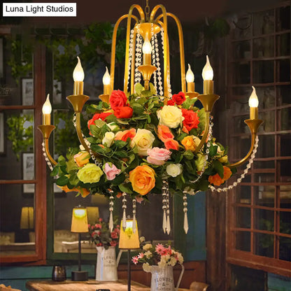 Gold Metal 9-Bulb Chandelier with Rose Decor - Perfect for Restaurant Lighting