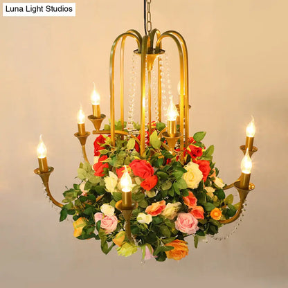 Gold Metal 9-Bulb Chandelier with Rose Decor - Perfect for Restaurant Lighting