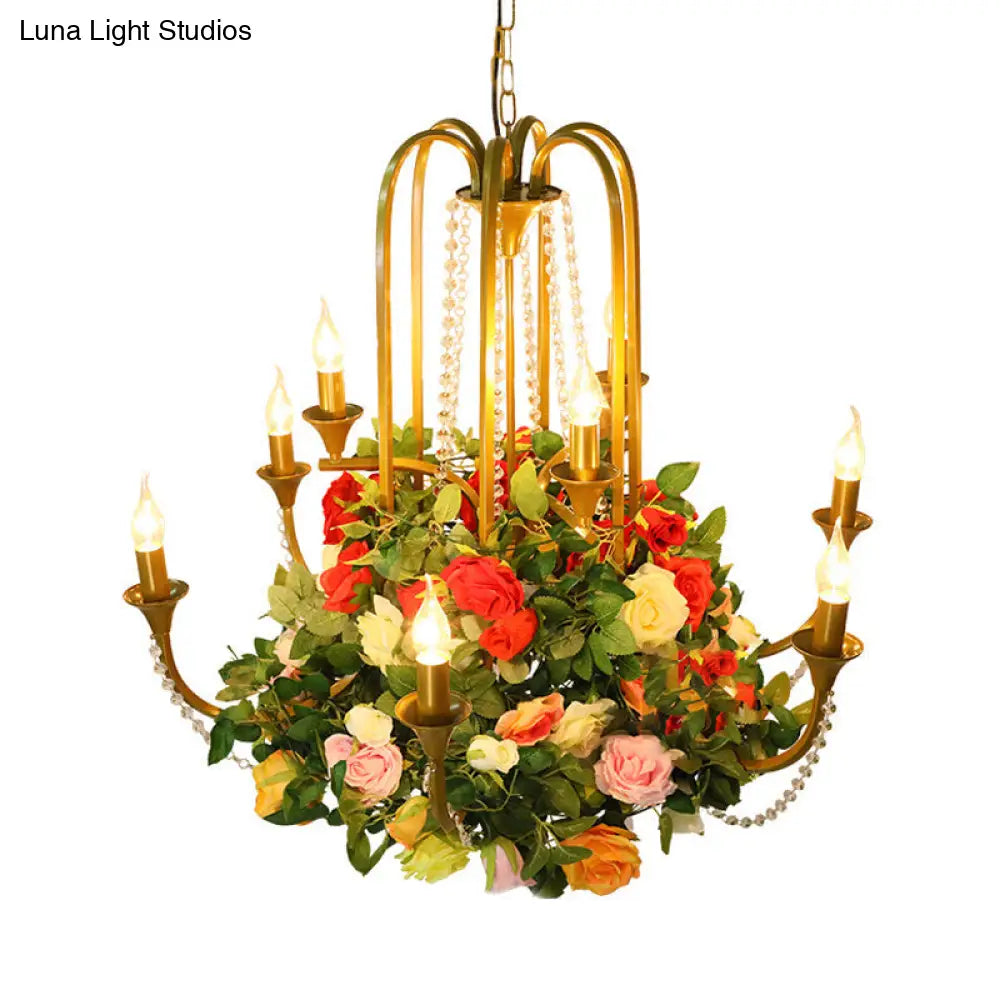 Gold Metal 9-Bulb Chandelier with Rose Decor - Perfect for Restaurant Lighting