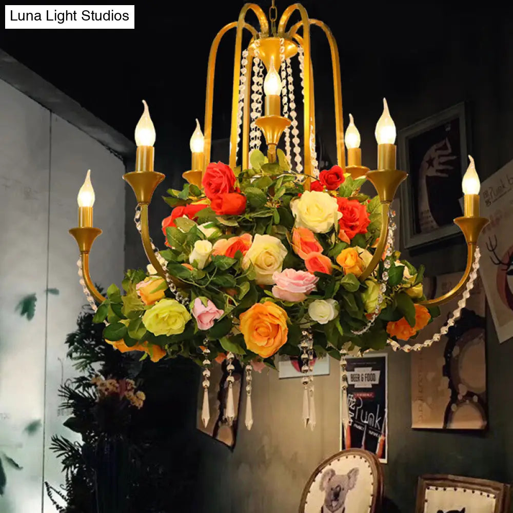 Gold Metal 9-Bulb Chandelier with Rose Decor - Perfect for Restaurant Lighting