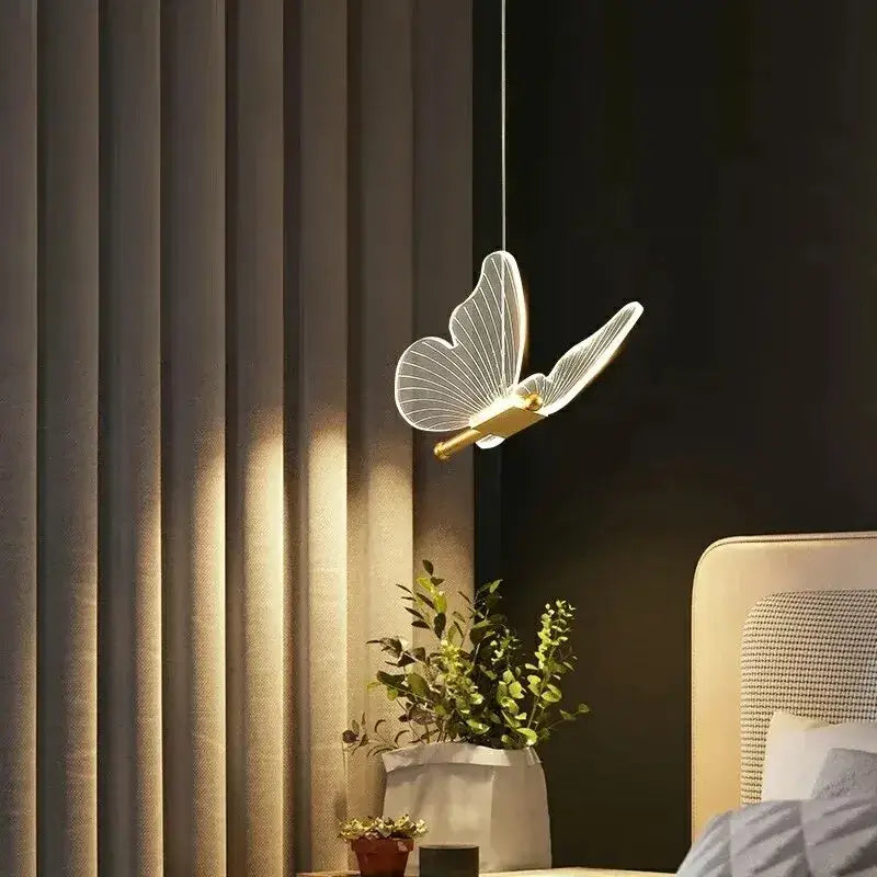 Gold metal butterfly pendant light with translucent illuminated wings decorative metal pendant for bedroom lighting