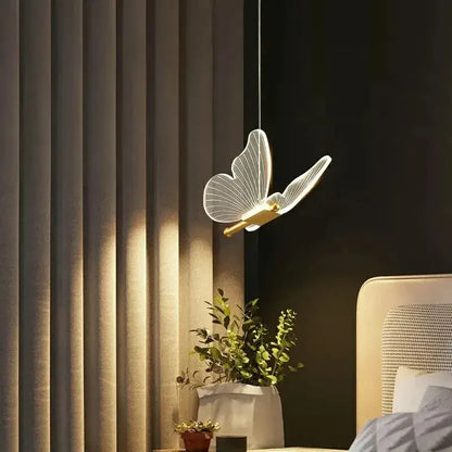 Gold metal butterfly pendant light with translucent illuminated wings decorative metal pendant for bedroom lighting