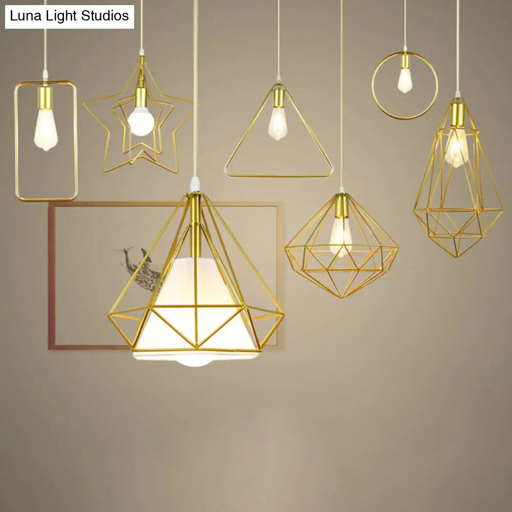 Gold Metal Cage Pendant Ceiling Light - Nordic Design, 1 Bulb, Dining Room Suspension