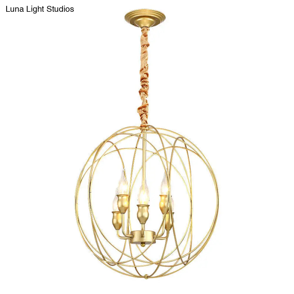 Gold Metal Candle Chandelier - Industrial 5-Bulb Dining Room Pendant