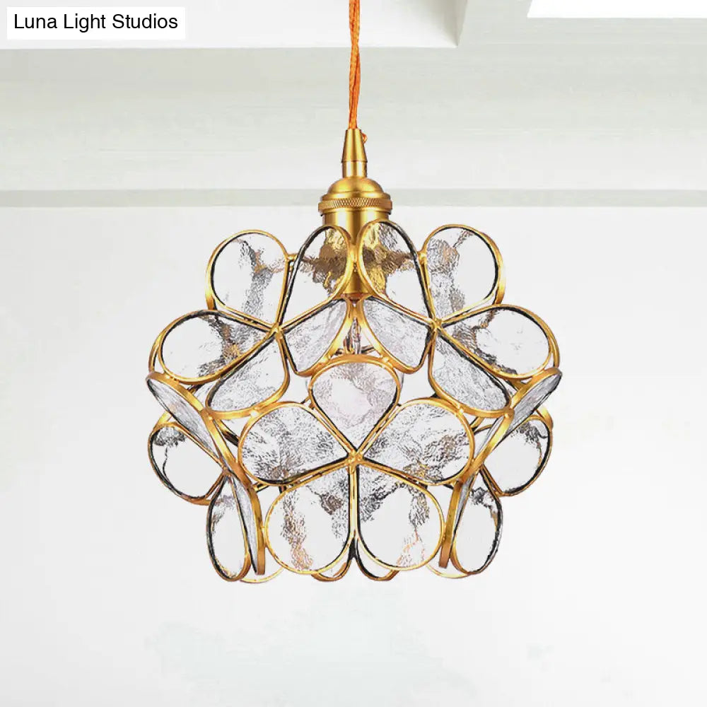 Gold Metal & Glass Flower Dining Table Pendant Light - Single Hanging Lamp