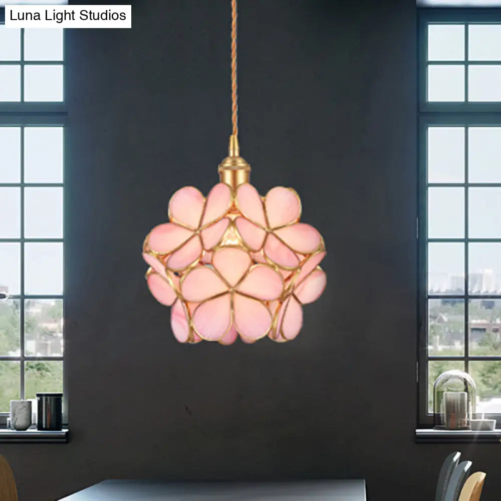 Gold Metal & Glass Flower Dining Table Pendant Light - Single Hanging Lamp