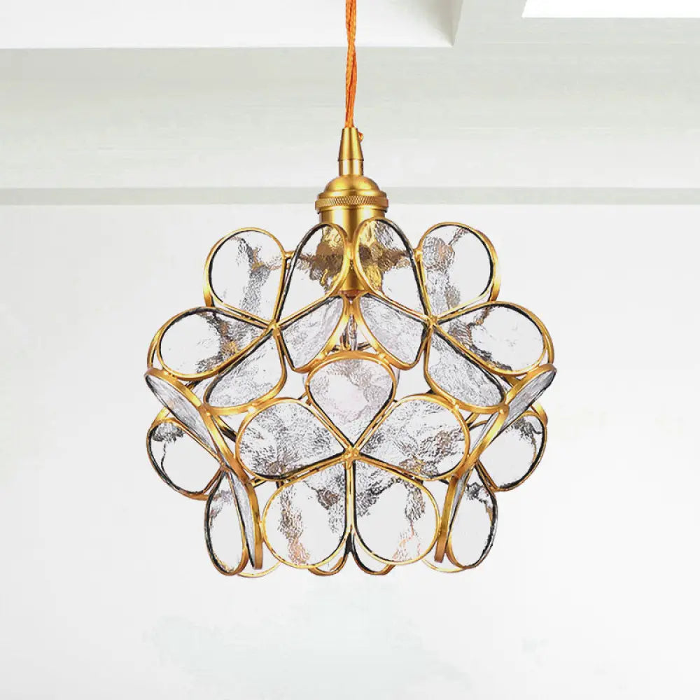 Gold Metal & Glass Flower Dining Table Pendant Light - Single Hanging Lamp