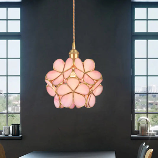 Gold Metal & Glass Flower Dining Table Pendant Light - Single Hanging Lamp