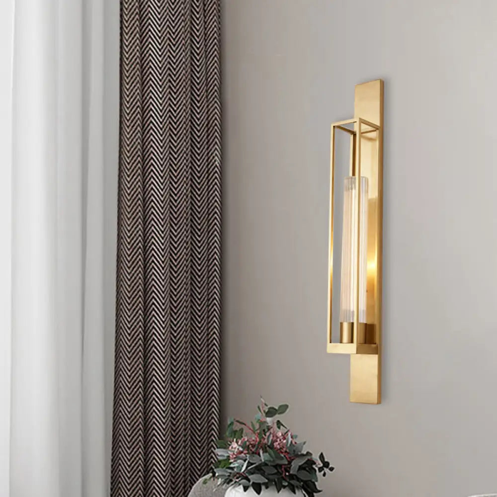 DecorBites™ Gold Metal Linear Sconce Lighting with Ribbed Glass Shade - Modern Corner Wall Mount Lamp