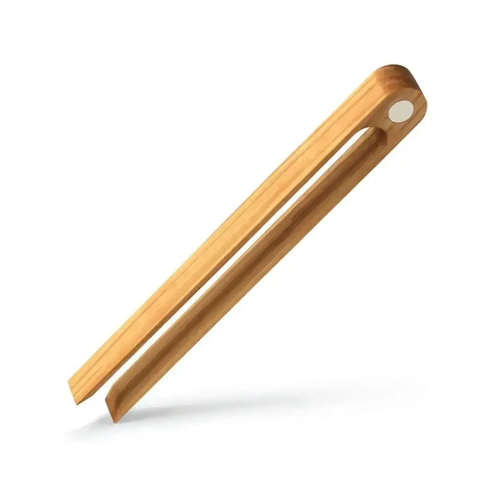 Light brown bamboo toaster tongs with a natural finish and rounded ends for kitchen bread tools use