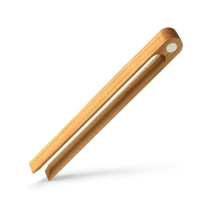 Light brown bamboo toaster tongs with a natural finish and rounded ends for kitchen bread tools use