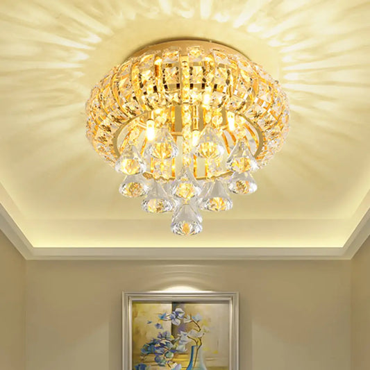 DecorBites™ DecorBites™ Gold Modern Round Ceiling Light with 5 Hand-Cut Crystal Heads - Flush Mount Lamp for Foyer