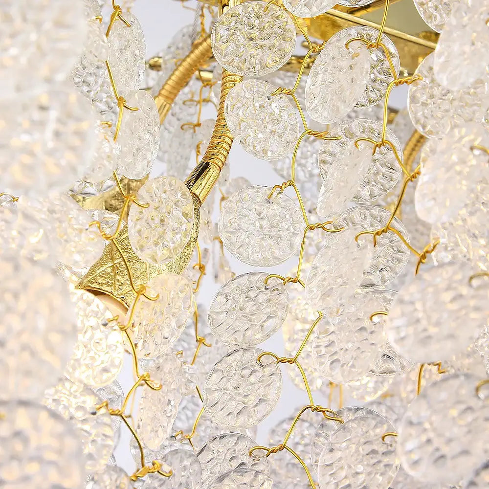 Gold money tree branch crystal chandelier with clear textured glass discs and ornate brass fixtures for living room decorbites gold money