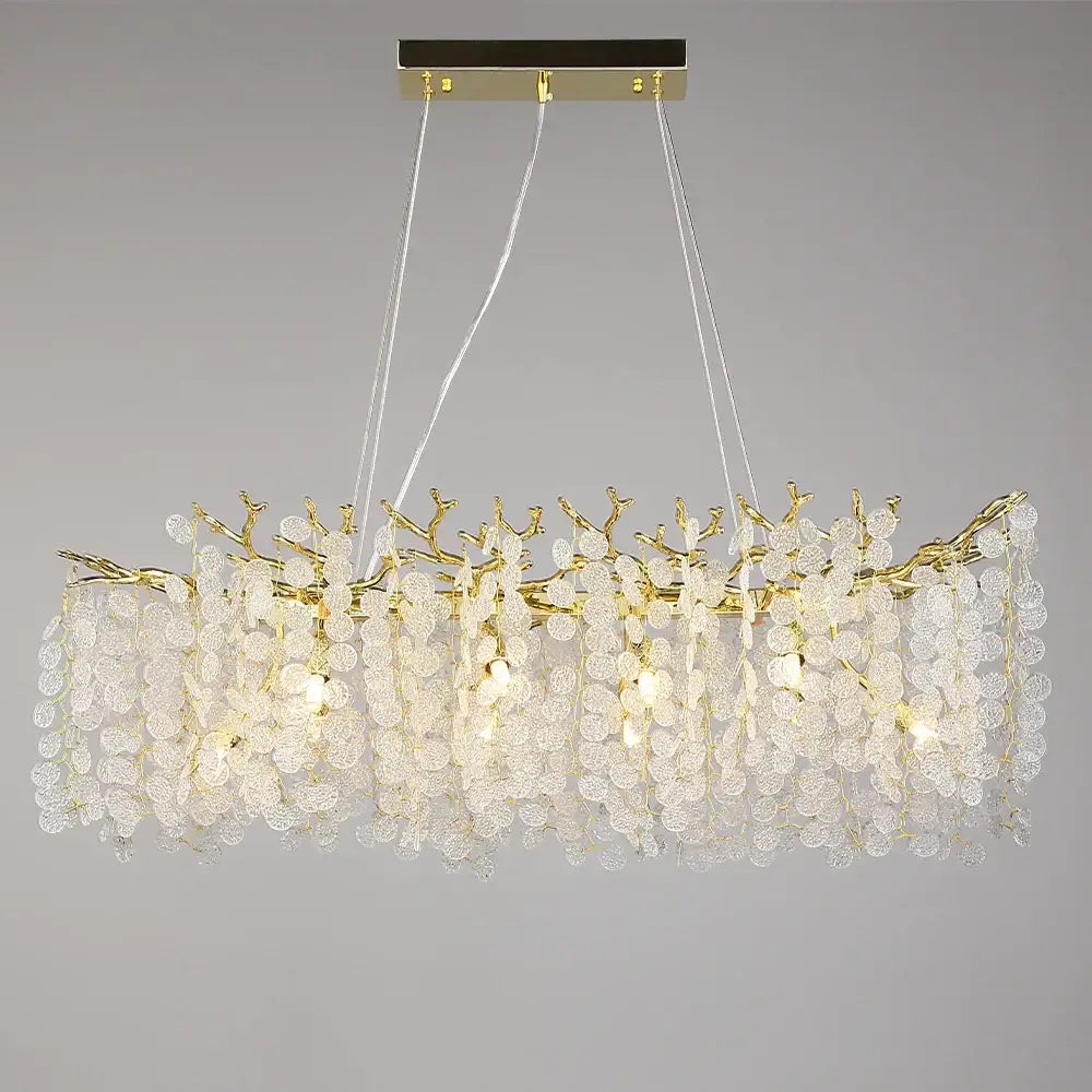 Gold money tree branch crystal chandelier with gold-toned delicate arms and cascading clear glass petals for living room decor