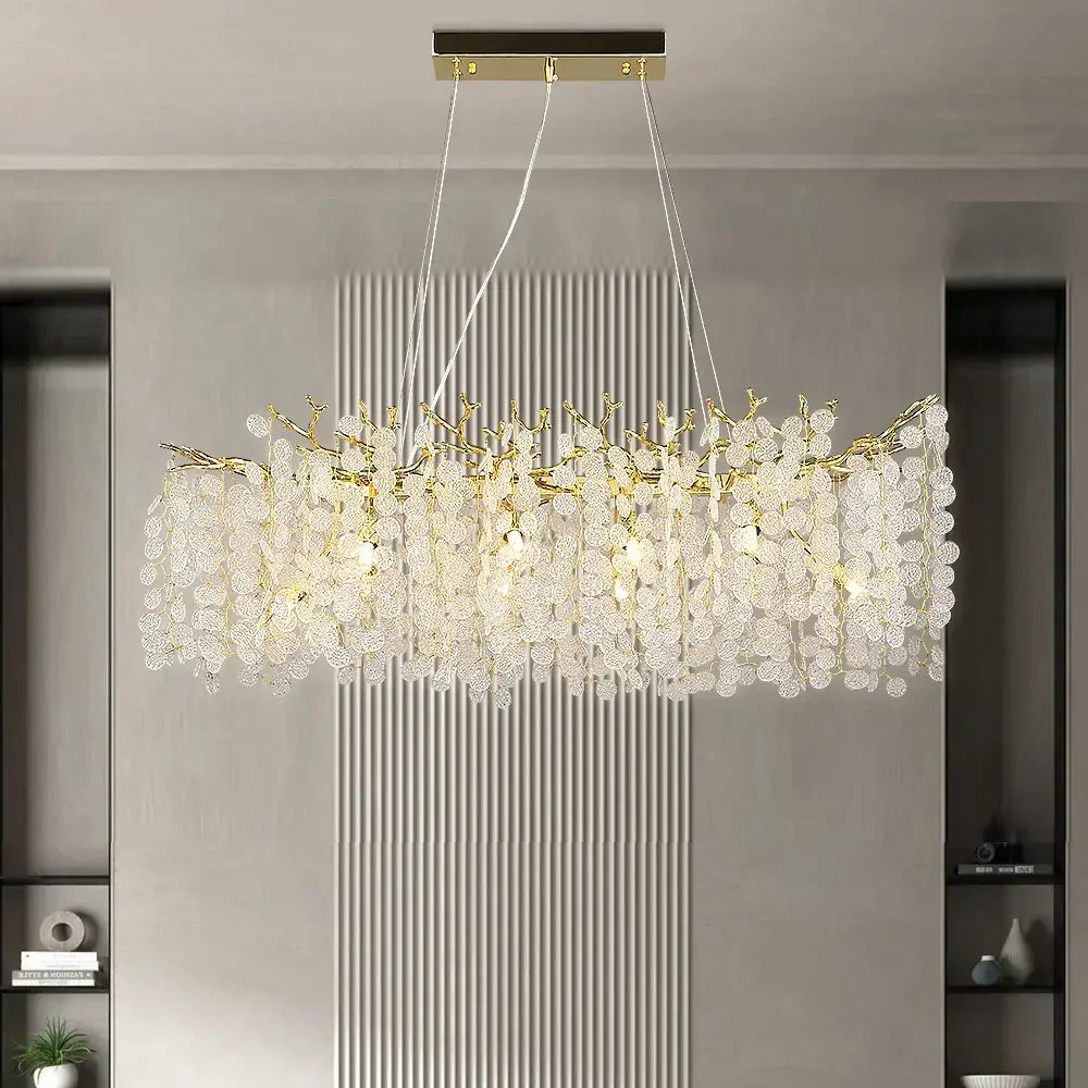 Gold money tree branch crystal chandelier featuring gold-toned metalwork and clear crystals for elegant living room decorbites gold money decor