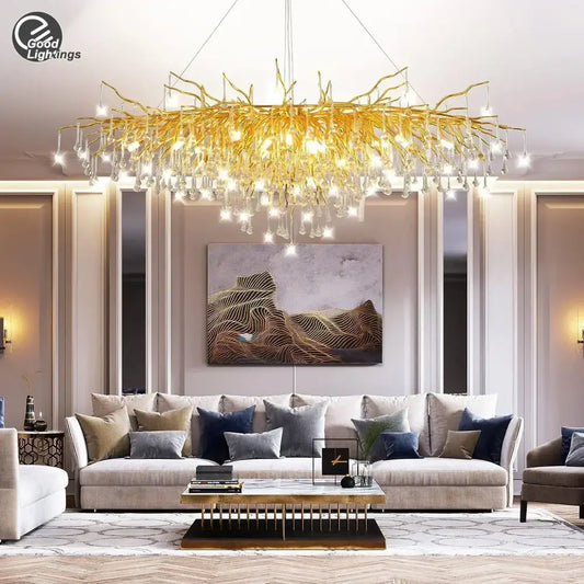 Gold nordic crystal chandelier with golden branch design and crystal droplets for elegant dining room decorbites gold nordic