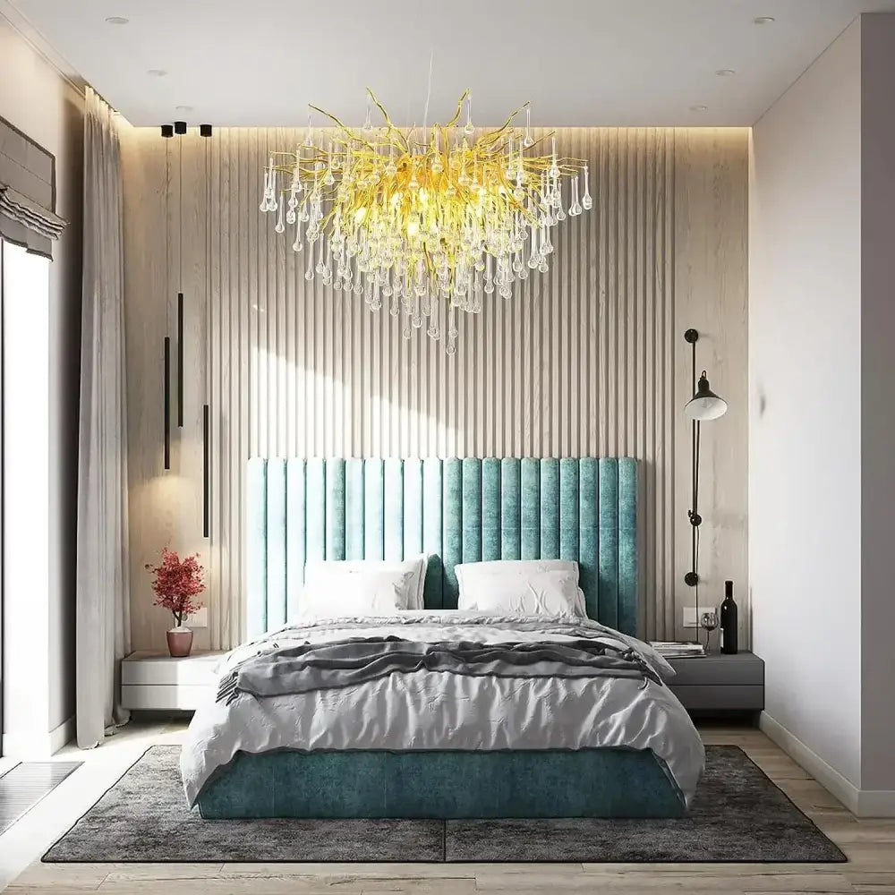 Teal velvet tufted headboard with matching base and white bedding complementing decorbites gold nordic crystal chandelier dining room design