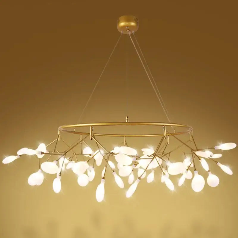 Gold nordic firefly led chandelier with gold-toned branch arms and white glass pendant lights for dining room decorbites nordic firefly