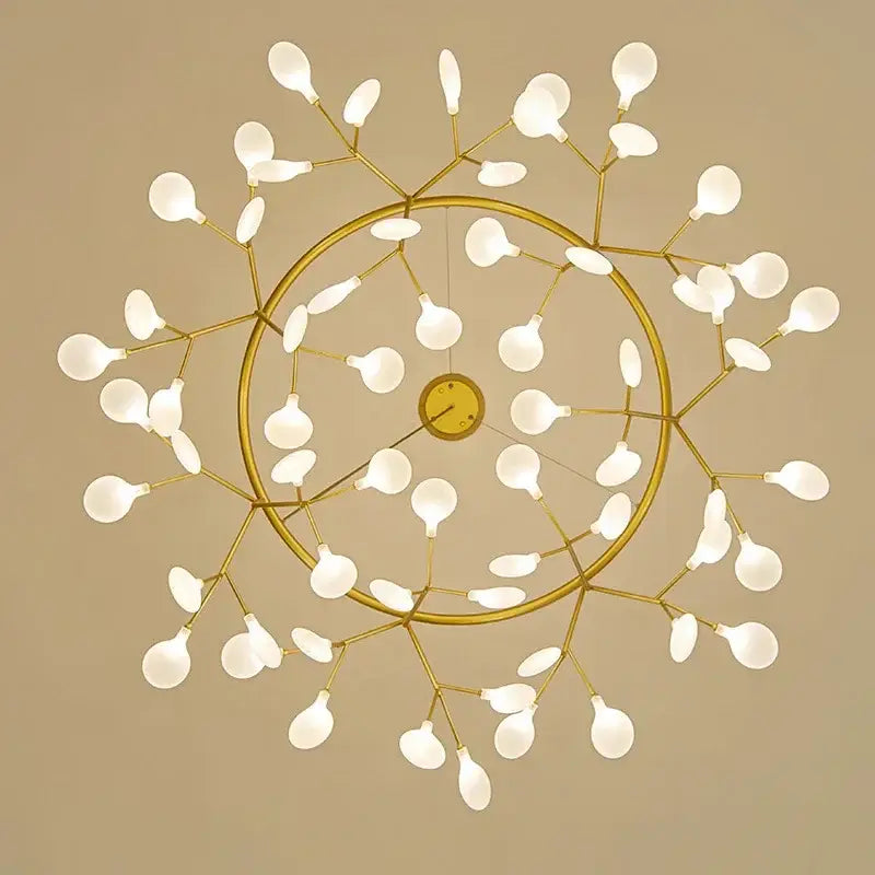 Gold nordic firefly led chandelier with gold-toned circular frame and frosted glass bulbs for dining room decorbites lighting