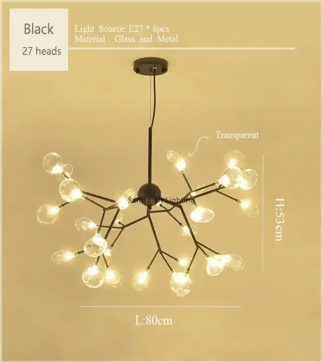 Black decorbites nordic firefly led chandelier with 27 glass globes and metal frame for dining room lighting