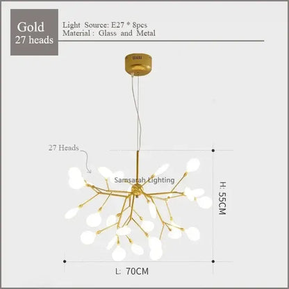 Gold nordic firefly led chandelier with 27 glass and metal light heads in a branching design for dining room decorbites nordic firefly