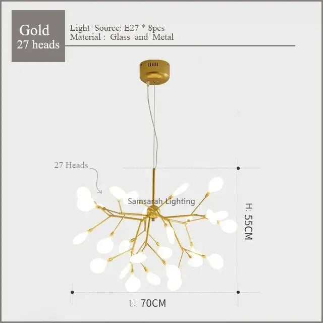 Gold nordic firefly led chandelier with nine glass light heads and sleek metal frame for dining room decorbites firefly led
