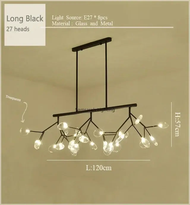 Black metal 27-light glass decorbites nordic firefly led chandelier for dining room pendant lighting