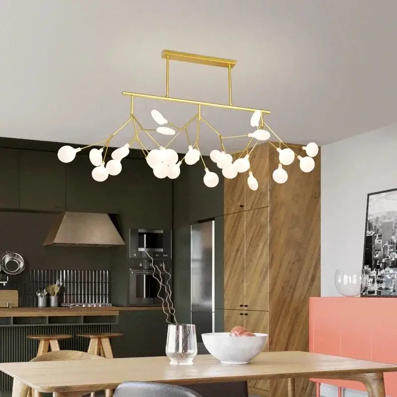 Gold nordic firefly led chandelier with gold-toned metal arms and frosted glass bulbs for dining room decorbites nordic firefly